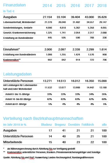 Kenndatentabelle des Prüfberichts mit Finanzdaten, Leistungsdaten und der Verteilung nach Bezirkshauptmannschaften